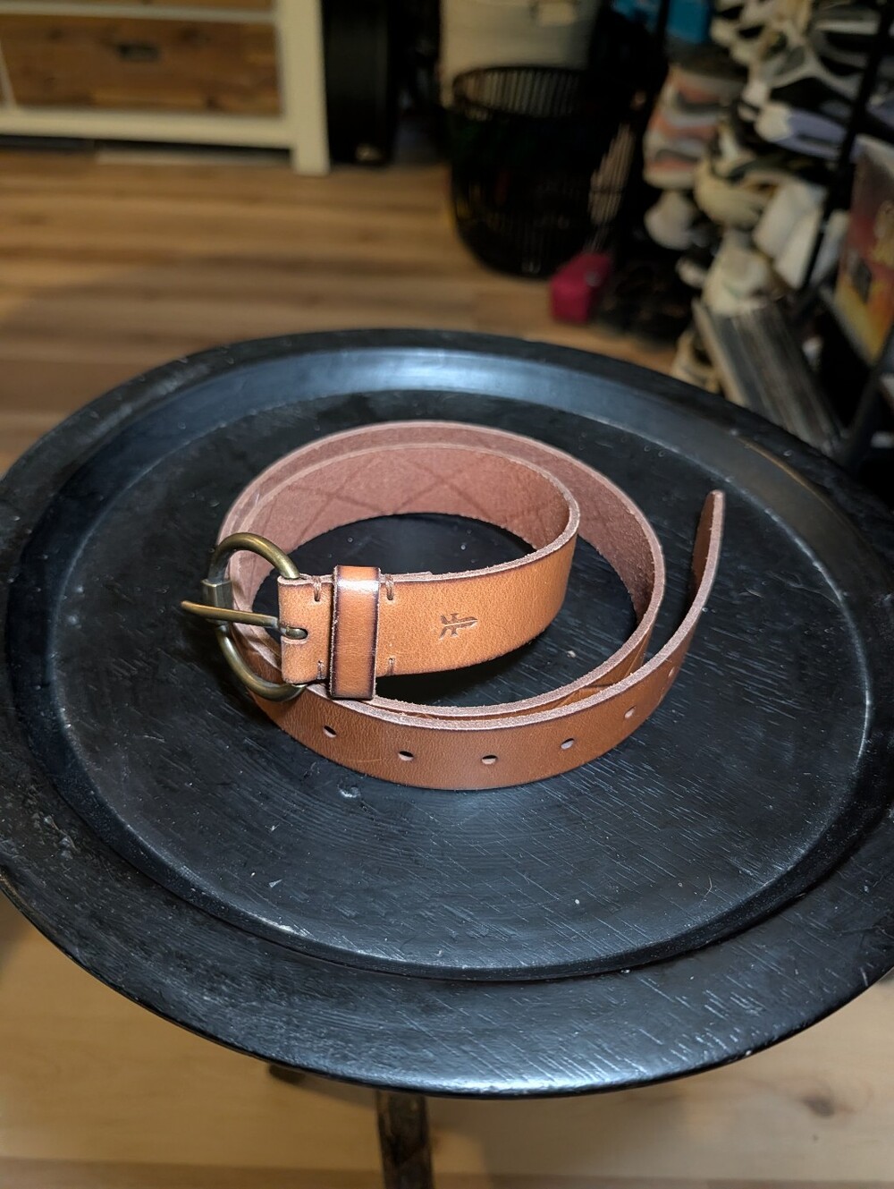 Frye Cognac Brown Leather Diamond Embossed Belt Antique Brass Buckle NWT Size L